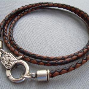 Triple Wrap Braided Leather Bracelet With Lobster..