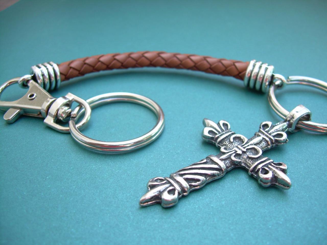 Braided Leather Cross Keychain, Cross Keychain, Keychain, Leather
