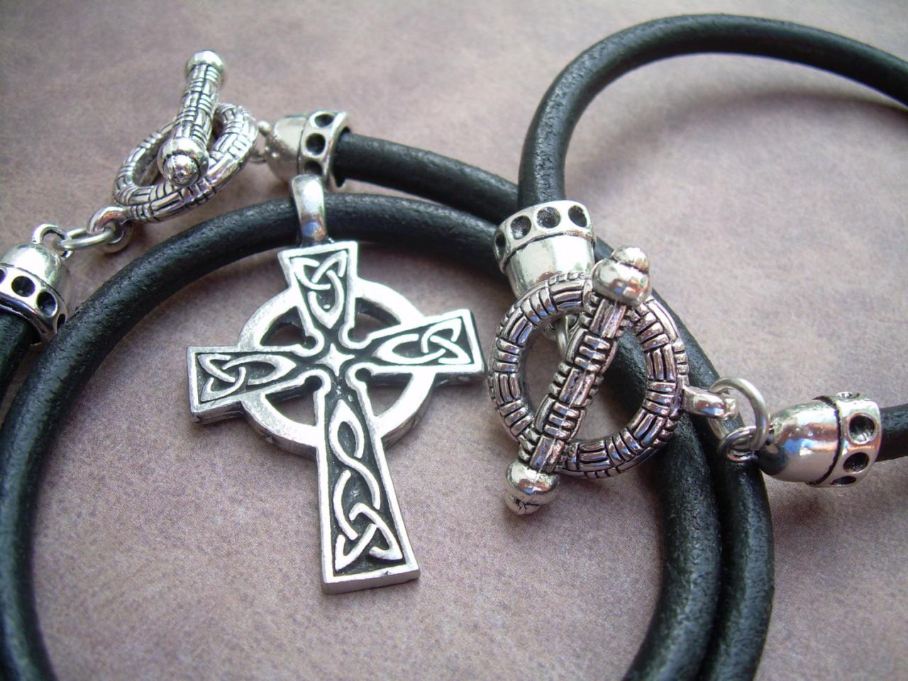 Leather Necklace And Leather Bracelet Set , Celtic Cross Pendant , Mens Jewelry, Leather Necklace, Leather Bracelet, Celtic, Cross