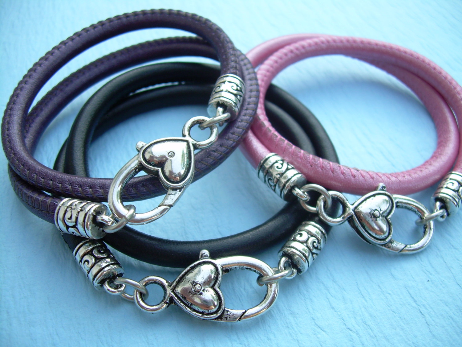 Womens Leather Bracelet Double Wrap Stitched Nappa Leather Heart Clasp Womens Bracelet Womens J On Luulla