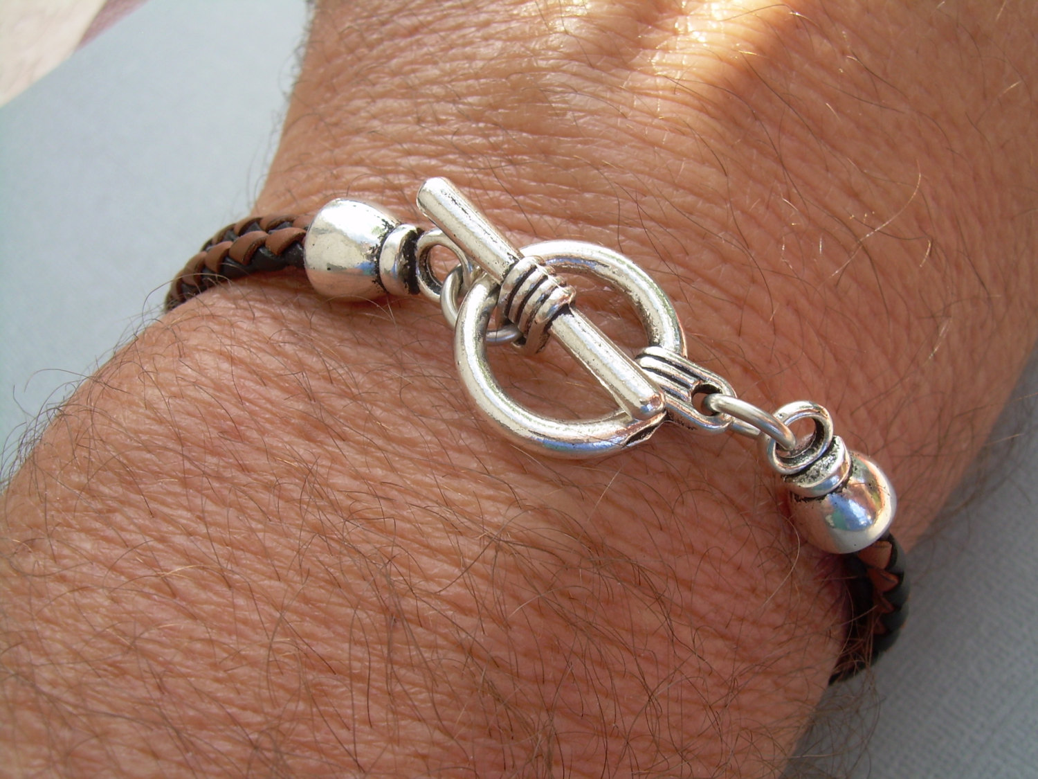 Braided Leather Bracelet With Toggle Clasp, Mens Bracelet, Mens Jewelry