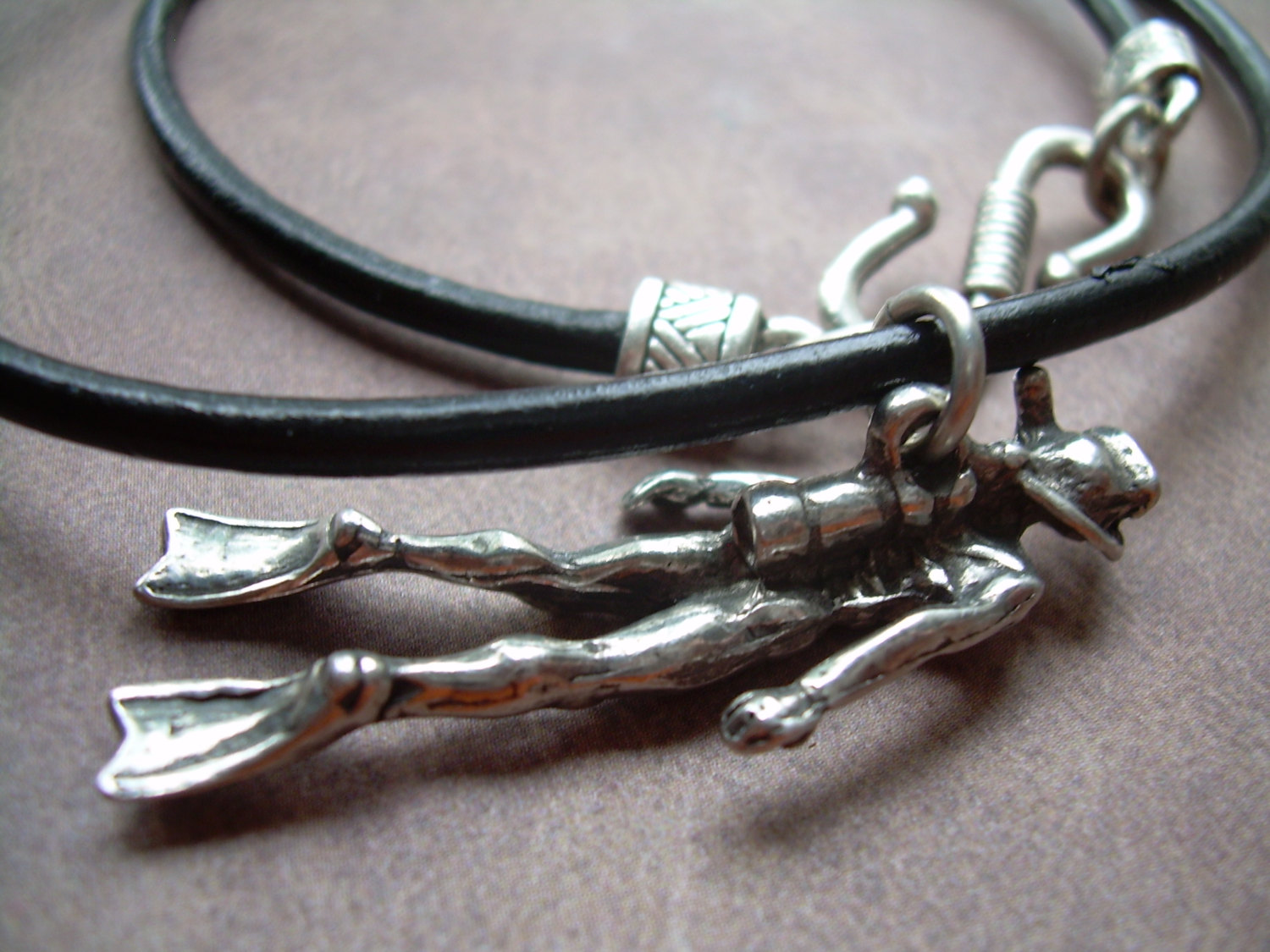Leather Necklace, Scuba Diver Pendant, Mens Necklace, Mens Jewelry
