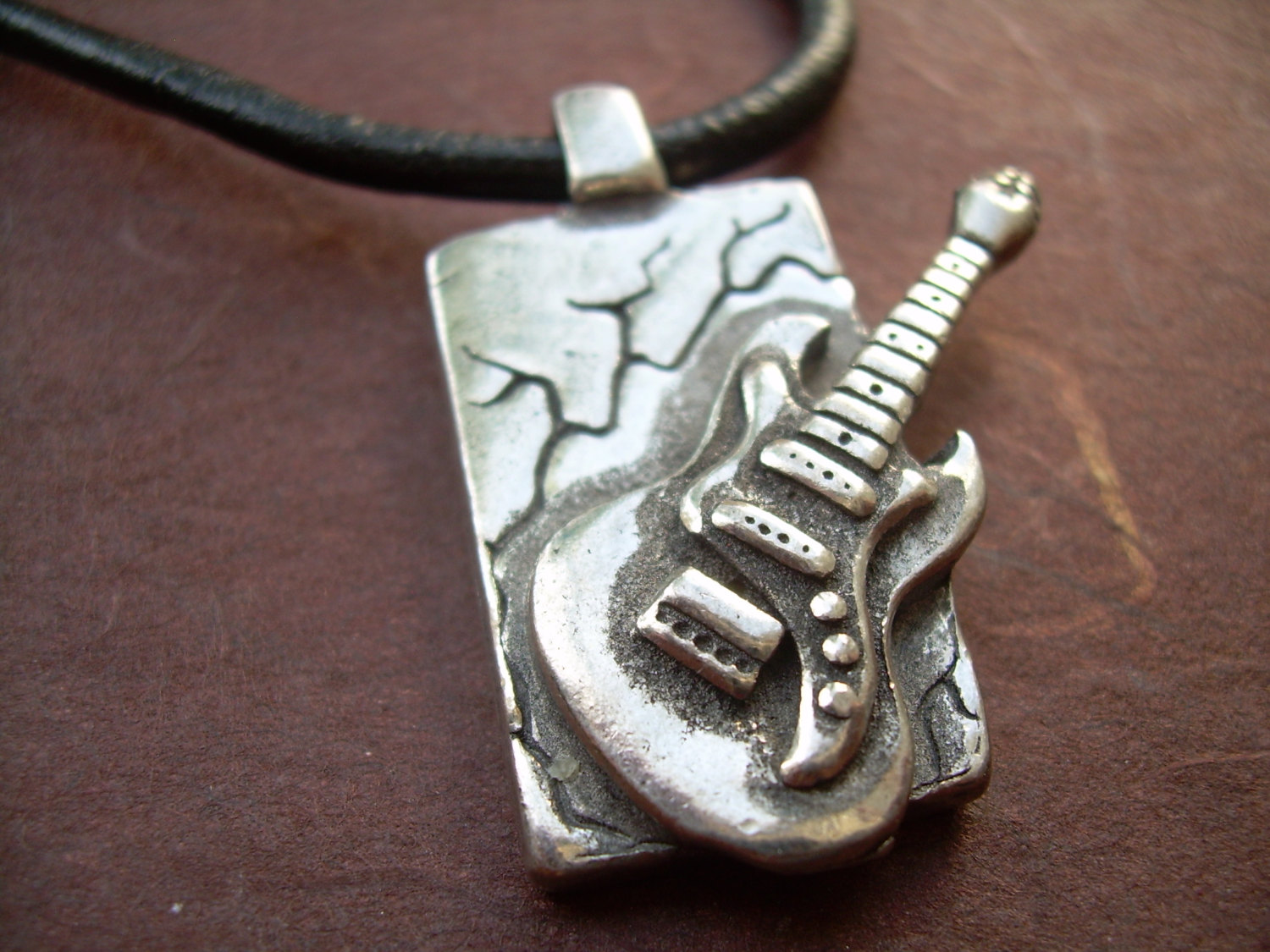 Leather Necklace, Guitar Pendant , Mens Necklace, Mens Jewelry, Mens